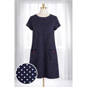 Susan Graver Navy Blue Polka Dot Dress French Terry Knit Pockets Size Large